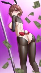 animal_ears ass banknote blush breasts brown_hair censored crotchless crotchless_pantyhose embarrassed fake_animal_ears female from_behind frown hair_ornament hairclip highres higuchi_madoka idolmaster idolmaster_shiny_colors large_breasts meme_attire mole mole_under_eye money mosaic_censoring nipples pantyhose pole purple_background purple_eyes pussy rdy reverse_bunnysuit reverse_outfit shrug_(clothing) solo standing stripper_pole