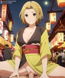 ai_generated anime blonde_hair clenched_teeth cowgirl_position horimiya kimono large_breasts ranwai sex stable_diffusion vaginal_penetration vaginal_sex yellow_eyes yoshikawa_yuki