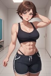 1girls abs ai_generated breasts brown_eyes brown_hair curvy eiko_(zero) eteeming fit nipples short_hair terminator terminator_zero tomboy