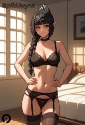 ai_generated ass_visible_through_thighs baldur's_gate baldur's_gate_3 bangs bare_arms bed bedroom black_bra black_choker black_hair black_panties black_thighhighs blunt_bangs blush bra braid braided_ponytail breasts choker cleavage closed_mouth collarbone cowboy_shot day elf female freckles garter_belt garter_straps gem goth_elf green_eyes hair_ornament hair_over_shoulder hands_on_hips indoors jewelry lingerie long_hair looking_at_viewer medium_breasts mole navel panties pikkiwynn pillow pointy_ears shadowheart single_braid smile solo standing stomach thighhighs tiara underwear underwear_only window