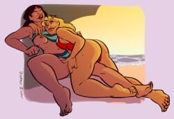 beach breast_out breast_squish dapperzapper fingering lesbian_sex lifeguard lifeguard_(lilo_and_stitch) lifeguard_swimsuit lilo_and_stitch nani_pelekai sweat swimsuit swimsuit_aside yuri