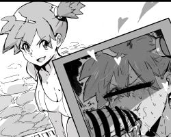1boy :d asymmetrical_hair bar_censor bikini blush breasts cellphone_photo censored covered_erect_nipples cum cum_in_mouth fellatio female hand_on_another's_head highres hiro_(user_negm3832) irrumatio kasumi_(pokemon) large_breasts licking licking_penis nintendo one-piece_swimsuit open_mouth oral penis phone photo_(object) pokemon pokemon_lgpe ponytail pool poolside recording short_hair side_ponytail smile solo_focus straight sweat swimsuit tongue tongue_out v-shaped_eyebrows water