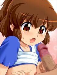 1boy 1girls alternate_version_available arle_nadja blush blushing_female breasts breasts_out brown_eyes brown_hair confusion erection female hi_res high_resolution highres konpeto light-skinned_female light-skinned_male light_skin looking_at_partner looking_at_penis madou_monogatari male open_mouth penis puyo_puyo shirt_lift small_breasts staring_at_penis surprised surprised_expression