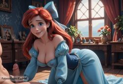 1boy ai_generated all_fours ariel ariel_(the_little_mermaid) artist_name bare_shoulders blue_bow blue_dress blue_eyes bow breasts cleavage clothed_female_nude_male covered_nipples curtains disney disney_princess dress erection female flower hairbow hanging_breasts indoors large_breasts long_hair long_sleeves looking_at_viewer male nipples nude off_shoulder patreon_username penis red_hair smile solo_focus straight the_little_mermaid the_little_mermaid_(1989_film) uncensored vase window xadrid