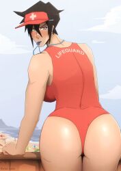 1girls artist_name ass athletic athletic_female back_view beach big_ass big_butt black_hair blush butt cap dark-skinned_female defal_hady_(artist) from_behind hat illia illia_(defal_hady) lifeguard lifeguard_hat lifeguard_swimsuit lifeguard_tower muscular muscular_female oc one-piece_swimsuit original original_character purple_eyes red_swimsuit scar scar_on_face short_hair summer tomboy toned toned_female watermark whistle_(object) whistle_in_mouth