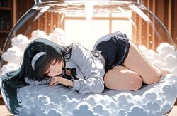 1girls ai_generated astra_yao bangs bare_legs barefoot bed black_bow black_bowtie black_hair black_skirt blunt_bangs blush bookshelf bottle bow bowtie breasts bubble closed_eyes closed_mouth clothing collared_shirt curtains curvaceous curvaceous_female curvaceous_figure curvy curvy_figure earrings female female_focus hairband indoors jewelry large_breasts long_hair long_sleeves lying mihoyo miniskirt miyuai on_bed on_side pillow pleated_skirt school_uniform shirt skirt sleeping solo submerged thighs voluptuous voluptuous_female water white_hairband white_shirt window zenless_zone_zero