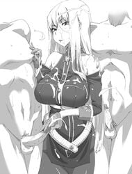 bare_shoulders breasts bukkake clothed_female_nude_male clothing cum cum_on_body cum_on_breasts cum_on_clothes cum_on_hair cum_on_upper_body ejaculation faceless_male facial female gloves handjob huge_breasts human large_breasts long_hair male monochrome multiple_penises ogata_mamimi pantyhose penis pinky_out pubic_hair selvaria_bles straight valkyria_chronicles valkyria_chronicles_1