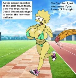 1boy 1girls aged_up_(hopefully) areolae bikini breasts english_text fear female gigantic_cock huge_breasts huge_penis imminent_rape imminent_sex lisa_simpson male outdoors penis precum running sbb straight student_and_teacher the_simpsons yellow_body