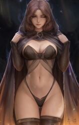 artist_name ass_visible_through_thighs black_cloak black_panties black_thighhighs breasts brown_eyes brown_hair cg cleavage cloak closed_mouth cowboy_shot elden_ring female hands_up highleg highleg_panties hood hooded_cloak kittew large_breasts lips long_sleeves looking_at_viewer medium_hair melina_(elden_ring) mole mole_on_breast navel one_eye_closed panties patreon_username smile solo standing stomach thigh_gap thighhighs underwear web_address yellow_eyes