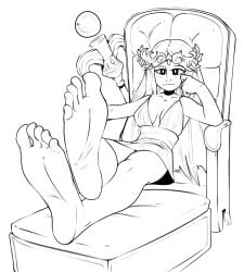 1girls barefoot black_and_white clothed clothing female_only foot_fetish foot_focus highres kid_icarus line_art looking_at_viewer palutena sitting soles solo tinsay_(artist)