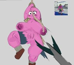 aggro_crab arrow arrow_(weapon) black_eyebrows black_pupils blue_pants blush blushing_female blushing_profusely brown_boots camper_(peak) female gray_socks greaseyhair grey_socks peak_(videogame) pink_areola pink_nipples pink_skin pink_skinned_female puffy_pussy purple_background pussy reference_image rope rope_swing tan_hat tan_shirt torn_clothes wardrobe_malfunction