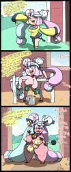 barn blue_hair chabble coat cow_ears cow_girl cow_horns cowbell farm floating_hands hand_milking iono_(pokemon) lactation milk milk_bucket milk_squirt milked_like_a_cow milking miltank multi_breast multicolored_eyes multicolored_hair pink_body pink_hair pokemon pokemon_(species) screw sharp_teeth tail talking talking_to_chat thick_thighs transformation transformation_through_injection udders yellow_nipples