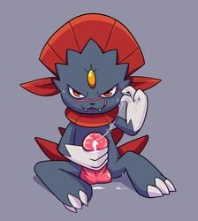 1boy claws commissionedbutts cum cum_string erection fur furry knot looking_at_viewer male male_only masturbation nintendo penis pokemon pokemon_dppt scar sitting solo teeth testicles video_games weavile