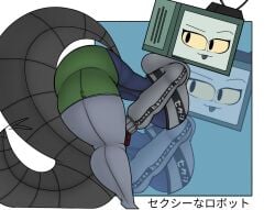 breasts goldenisbunny green_skin kanji nozomi_(goldenisbunny) robot robot_girl robot_tail sweater swimsuit tagme tv_head tv_screen