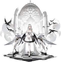 apron azur_lane bare_shoulders bird black_background black_footwear breasts cannon cg checkered_floor cleavage clothing_cutout dress female frilled_dress frills full_body hair_ornament hairband high_heels large_breasts long_hair looking_at_viewer maid maid_apron maid_headdress official_art own_hands_together pantyhose red_eyes rigging scylla_(azur_lane) shoes sleeveless sleeveless_dress solo standing turret v_arms very_long_hair waist_apron white_apron white_dress white_hair white_pantyhose wings