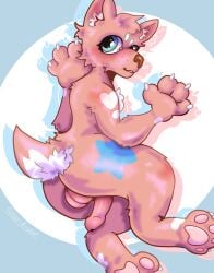 absurd_res anthro ass canid canine dove_pup feet femboy fur genitals hi_res hindpaw male mammal paws penis penis_tuck raised_tail rear_view solo stardove tail tan_body tan_fur