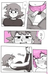 1girls 2boys breasts comic comic_page dialogue dross female jacob_(dross) male monochrome penis pink_hair roxanne_(dross) sex tagme taylor_(dross) text