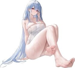 arm_support azur_lane bare_legs bare_shoulders barefoot black_background blue_hair blush breasts cg cleavage closed_mouth collarbone feet female foreshortening full_body hand_up knees_up large_breasts legs long_hair looking_at_viewer naked_towel official_art pink_eyes purple_eyes sitting soles solo thighs toenails toes towel very_long_hair voroshilov_(azur_lane) voroshilov_(devoted_as_the_warm_snow)_(azur_lane) wet white_towel