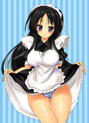 alternate_costume black_hair blush breasts cute dress dress_lift enmaided female female_only human human_only k-on! large_breasts long_hair maid mio_akiyama_(k-on!) panties purple_eyes pussy_juice sanshoku_amido solo striped striped_panties tears underwear wet_panties