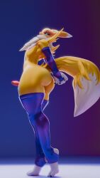 3d_(artwork) animal_genitalia animal_penis anthro armwear ass bandai_namco big_butt big_penis blue_eyes bridal_gauntlets canine_genitalia canine_penis clothing digimon digimon_(species) digital_media_(artwork) erection femboy fur genitals hi_res legwear looking_back male multicolored_body multicolored_fur penis renamon solo standing stopcallingmeafurry_(artist) tail thigh_highs white_body white_fur yellow_body yellow_fur