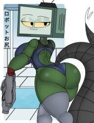 ass ass_focus goldenisbunny green_skin kanji nozomi_(goldenisbunny) robot robot_girl robot_tail sweater swimming_pool swimsuit tagme tv_head tv_screen