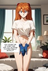 ai_generated anime anime_girl anime_style asuka_langley_sohryu caught clothes_down clothes_removed covering covering_crotch covering_self embarrassed embarrassed_female embarrassed_nude_exposure embarrassed_nude_female enf female humiliated humiliating humiliation humiliation_fetish shocked shocked_expression shocked_eyes text text_box walked_in_on