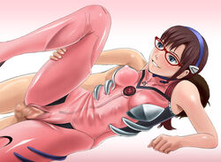 1girls bodysuit breasts brown_hair censored clothed_sex clothing erect_nipples erect_nipples_under_clothes female glasses grin hairband human leg_lift light-skinned_female light_skin long_hair mari_illustrious_makinami medium_breasts mimura_kaoru neon_genesis_evangelion on_side penis pilot_suit plugsuit pussy rebuild_of_evangelion sex smile