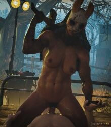 1boy 1girls 3d abs axe breasts cowgirl_position dead_by_daylight erection female female_on_top huntress_(dead_by_daylight) male mask muscular muscular_female nipples novah3d nude penetration penis pubic_hair pussy riding sex vaginal_penetration weapon