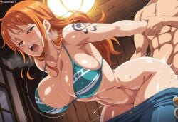 1boy absurd_res against_wall ai_assisted ai_generated arms_held_back ass back bent_over bhand_on_ass bikini_top breasts bubble_ass bubble_butt closed_mouth clothes_pull clothing crispiiart doggy_style female female_only grabbing_another's_arm hands_on_ass indoors innie_pussy jeans large_breasts leaning_forward long_hair looking_at_viewer looking_back male moaning nami_(one_piece) one_piece open_mouth orange_eyes orange_hair pants_down pants_pull penis puffy_pussy pussy round_ass sex solo standing_sex straight sweat tattoo upscaled vaginal_penetration wrist_grab