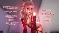 3d blush blush breasts comic_page dialogue dominant_female female gloves mercierharrogate nurse nurse_cap nurse_uniform original original_character pink_hair posing posing_for_the_viewer pov pov_eye_contact red_lipstick shiny_clothes skirt small_breasts stockings swimsuit text thighs thin_waist tight_clothing