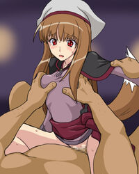 blush breast_grab breasts brown_hair censored cl-55 clothed_sex clothing cowgirl_position cute_fang female girl_on_top hat holo long_hair lowres male no_panties open_mouth penetration penis pov pussy red_eyes sex small_breasts spice_and_wolf spread_legs straddle tail vaginal_penetration