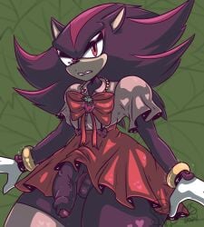 accessory annoyed anthro balls bottomwear bow_accessory clothed clothing crossdressing cthulhuhu dress embarrassed erection erection_under_skirt eulipotyphlan femboy flaccid foreskin genitals gloves handwear hedgehog hi_res humanoid_genitalia humanoid_penis legwear male mammal penis raised_bottomwear raised_clothing raised_skirt sega shadow_the_hedgehog simple_background skirt solo sonic_the_hedgehog_(series) teeth