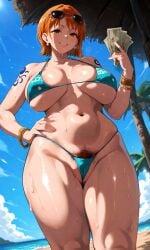1girls ai_generated big_breasts bikini breasts clothed female money nami_(one_piece) one_piece orange_hair pubic_hair unikornio wet