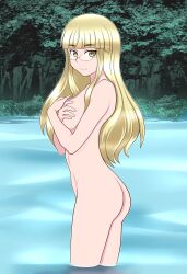 1girls 2d 2d_(artwork) ass blonde_hair breasts completely_nude completely_nude_female covering_breasts female lake long_hair megane nude nude_female outdoor_bathing perrine_h._clostermann strike_witches world_witches_series yu_to_ryoku