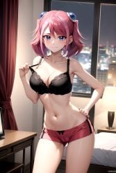 1girl ai-created ai_generated armpit_crease armpits ass_visible_through_thighs bare_arms bare_shoulders bed bedroom black_bra blue_eyes blush bow bow_bra boyshort_panties boyshorts bra breasts cameltoe cityscape cleavage closed_mouth clothes_pull collarbone computer contrapposto cowboy_shot curtains desk_lamp dolphin_shorts female hair_between_eyes hair_ornament hand_on_own_hip hand_up hiiragi_yuzu indoors lace-trimmed_bra lace_trim lamp laptop large_breasts lingerie looking_at_viewer medium_breasts medium_hair multicolored_hair navel night night_sky panties pink_hair pink_shorts pulled_by_self rena_aikawa_(pixiv_user) short_hair short_shorts short_twintails shorts sidelocks sky smile solo standing stomach strap_lift strap_pull streaked_hair swept_bangs table thighs twintails two-tone_hair underwear underwear_only window yu-gi-oh! yu-gi-oh!_arc-v