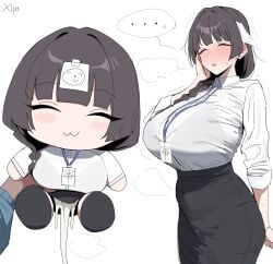 ... 2girls :3 ^_^ absurdres artist_name black_hair black_skirt blue_archive braid braided_ponytail breasts character_doll closed_eyes commentary cum doll doodle_sensei_(blue_archive) female_sensei_(blue_archive) female_sensei_(blue_archive)_(xipa) highres holding holding_doll huge_breasts karin_(blue_archive) lanyard multiple_girls plushophilia sensei_(blue_archive) simple_background skirt spoken_ellipsis symbol-only_commentary white_background xipa