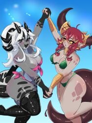 bangs bikini black_horn black_horns black_sclera diplomacyraptor diplomacyraptor_oc dragon dragon_girl dragon_wings elf_ears gold_(metal) gold_jewelry green_bikini grey_scales hair_braid holding_hands kobold large_ass large_breasts large_thighs maggi_(diplomacyraptor) multiple_horns orange_eyes pink_bikini red_hair red_scales shade_(diplomacyraptor) shortstack six_horns tail thick thick_tail transparent_limbs white_hair