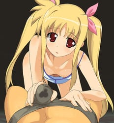 blonde_hair breasts down_blouse erection fate_testarossa female flat_chest hair_ribbon handjob leaning_forward long_hair looking_at_viewer lyrical_nanoha mahou_shoujo_lyrical_nanoha male_pov nipple_slip nipples no_bra penis pov precum red_eyes ribbon simple_background small_breasts stain tied_hair twintails