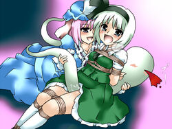 arms_behind_back between_thighs black_eyes blood bondage brown_eyes crotch_rub female frottage ghost hat lili_(artist) lilish multiple_girls myon nosebleed pink_hair pussy_juice rope short_hair small_breasts thighs touhou youmu_konpaku youmu_konpaku_(ghost) yuri yuyuko_saigyouji