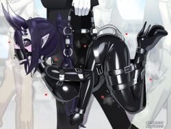 1boy absurdres anal anal_object_insertion black_eyes bodysuit bound bound_arms bound_legs bound_thumbs breasts double_penetration female from_side gag gagged high_heels highres horns impossible_bodysuit impossible_clothes latex latex_bodysuit long_hair looking_at_viewer maguro27 medium_breasts object_insertion plug_gag pointy_ears ponytail purple_hair restrained skin_tight solo suspension vaginal_object_insertion vaginal_penetration very_long_hair