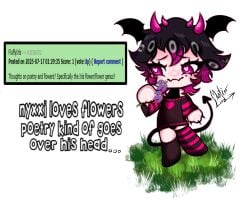 1boy ask_an_incubus ask_blog boy chibi demon demon_boy demon_horns demon_humanoid demon_tail demon_wings fangs femboy femboy_focus femboy_only femboysub feminine_male incubus interactive male male_focus male_only mantislord nervous nervous_smile nyxxi short_hair stripes sweat sweating text text_box text_bubble
