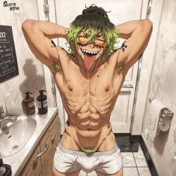 1boy ai_generated anime armpit_hair boxer_briefs boxers_(clothing) demon_slayer gay green_armpit_hair green_hair green_pubic_hair gyutaro hands_behind_head hi_res highres kimetsu_no_yaiba male male_focus male_only nipples pubic_hair seatyn_nsfw sharp_teeth solo tongue_out yaoi