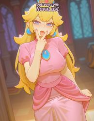 1futa 2025 ai_generated artist_name blonde_hair blue_eyes blurry blurry_background blurry_foreground blush bookshelf breasts bust chest crown depth_of_field dress earrings english_text futanari hi_res high_quality high_resolution highres indoors intersex jewelry long_hair mario_(series) motion_blur nail_polish nintendo novalust patreon patreon_username pink_dress princess_peach puffy_short_sleeves puffy_sleeves stable_diffusion watermark