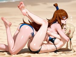 2girls 2milfs ai_generated athletic athletic_female beach big_breasts bikini blonde_female blonde_hair blonde_hair_female breasts brown_hair catfight detailed_feet fight huge_breasts leglock mei_terumi milf milf_on_milf milfs naruto naruto_(series) naruto_shippuden sand sea seaside shore shoreline tsunade wrestling wrestlingryona yuri