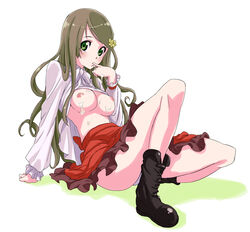 1girls arm_support axis_powers_hetalia blouse blush boots breasts brown_hair cum cum_on_body cum_on_breasts cum_on_upper_body elizaveta_hedervary female finger_in_mouth flower green_eyes hair_flower hair_ornament hungary_(hetalia) long_hair long_sleeves nipples no_bra panties pantyshot shirt_lift shoes sitting skirt solo toru_k underwear upskirt