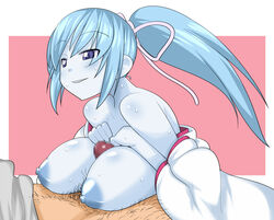 1girls aoi_(gegege_no_kitarou) blue_eyes blue_hair blue_skin breast_suppress breasts censored female gegege_no_kitarou huge_breasts humanoid large_breasts long_hair makarou male nipples paizuri pale_skin penis ponytail pubic_hair puffy_nipples ribbon simple_background straight sweat tied_hair youkai yuki_onna