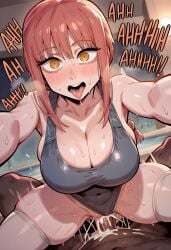 1boy 1girls @_@ ai_generated breasts chainsaw_man cleavage cowgirl_position dark-skinned_male ded_173 female gold_eyes huge_breasts indoors interracial makima_(chainsaw_man) male pool pov reaching_out reaching_towards_viewer red_hair riding sex swimsuit yandere