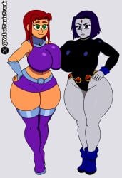 2d 2d_(artwork) alien_girl breast_to_breast dc dc_comics demon_girl goth green_eyes grey_body hand_on_hip huge_breasts huge_thighs looking_at_viewer purple_clothing purple_eyes purple_hair rachel_roth raven_(dc) red_hair self_upload smiling_at_viewer starfire teen_titans thick_legs thick_thighs tight_clothing voluptuous warner_brothers yaboitoxicfrank