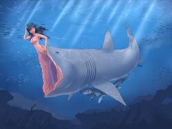 2020 ambient_fish ambient_sealife anthro blush breasts digital_media_(artwork) duo female fin fish fish_taur gills hair hi_res implied_transformation kelp looking_at_viewer marine mouth_for_vulva mouth_hands nipple_mouth nipples nude open_mouth outside pmdn shark shark_taur smile underwater water what what_has_science_done