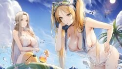 2girls ass azur_lane bare_shoulders bikini bird black_bikini blonde_hair blue_eyes blue_sky blush breasts cg chick choker cleavage cloud copyright_name day front-tie_top green_eyes grin hat hornet_(azur_lane) hornet_ii_(azur_lane) hornet_ii_(racing_across_the_waves!)_(azur_lane) jacket large_breasts long_hair looking_at_viewer looking_back multiple_girls navel ocean official_alternate_costume official_art one_eye_closed outdoors parted_lips sky smile standing stomach sun_hat swimsuit thigh_strap thighs twintails very_long_hair wading water wet white_bikini white_hair white_headwear yorktown_(azur_lane) yorktown_ii_(azur_lane) yorktown_ii_(bright-sky_mermaid)_(azur_lane)